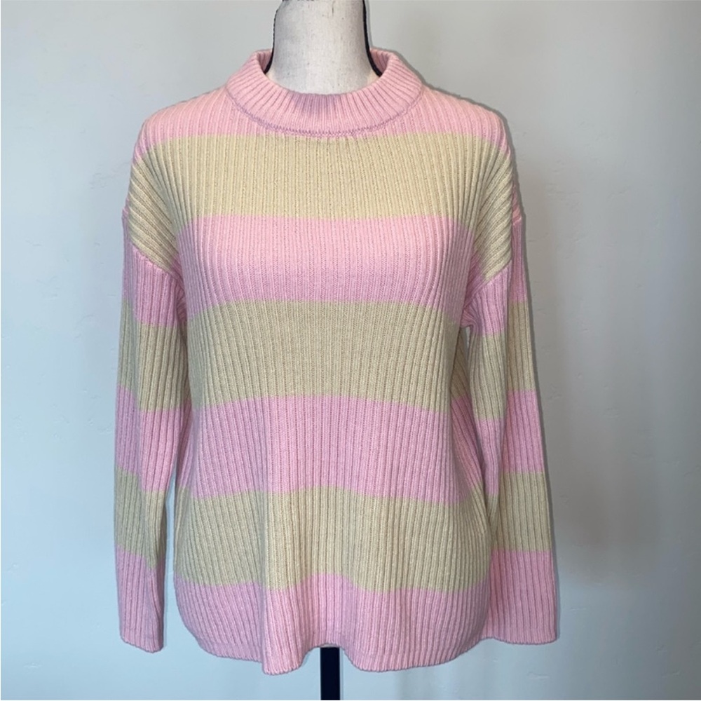 NWOT Love For Humanity Couture Pink Tan Striped‎ Ribbed Mock Neck Sweater Medium